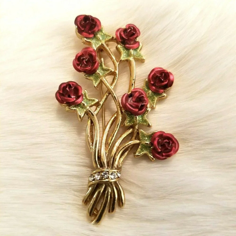 Vintage English Roses Brooch‎ Rhinestone Glitter Enamel Long Stem Floral 2509